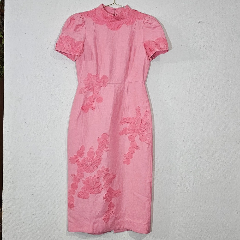Antonio Melani Pink Linen Blend Floral accents Applique Sheath Dress Size 8